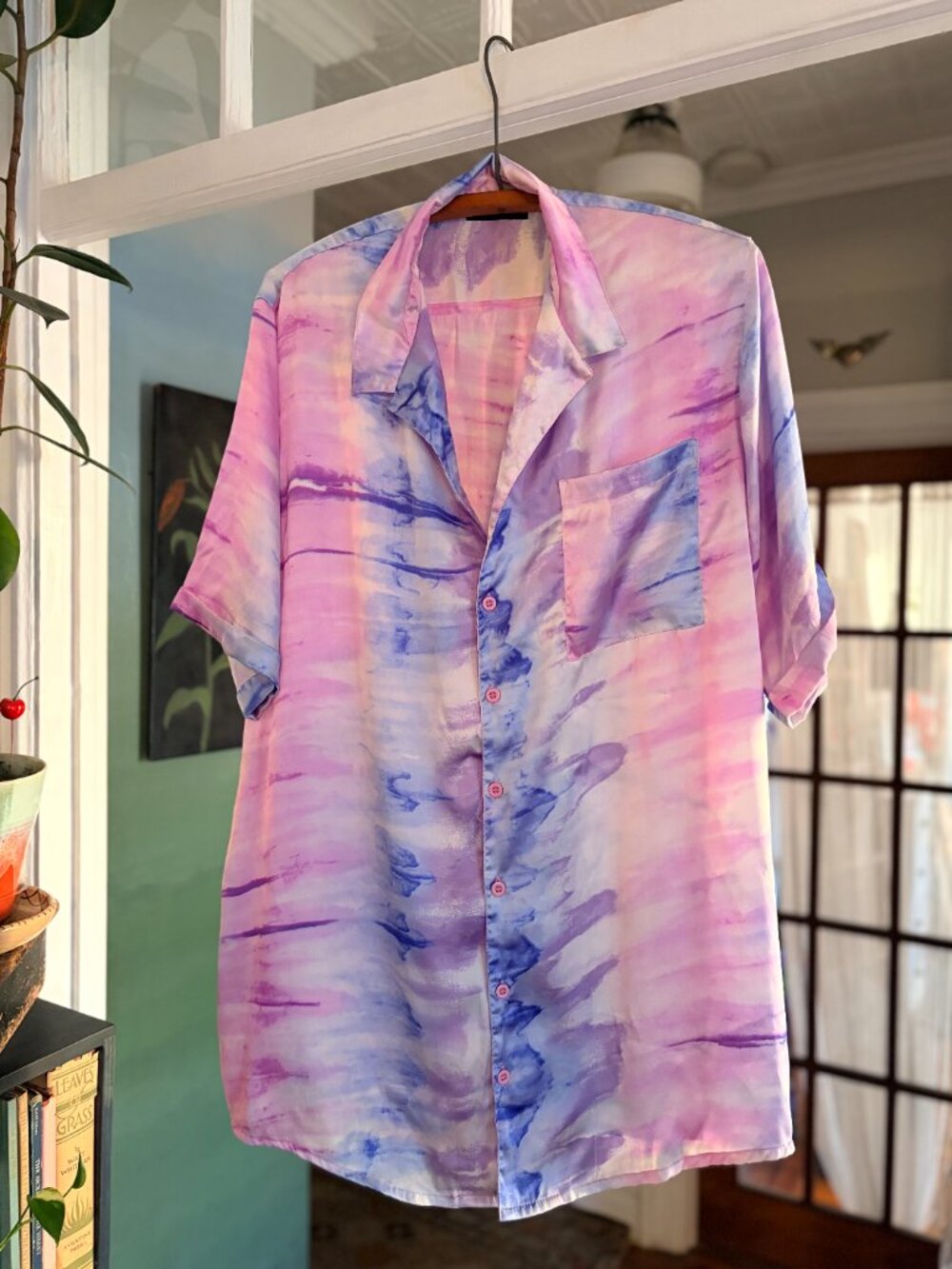 ASOS DESIGN Satin Marble Tie Dye Beach Shirt Button-Up Pastel Pink Blue Size 12